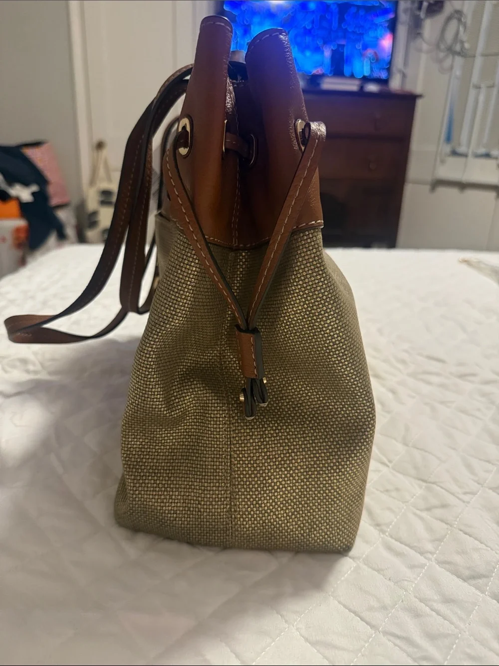 Michael Kors Brown & Natural Woven Tote with Gold MK Charm
